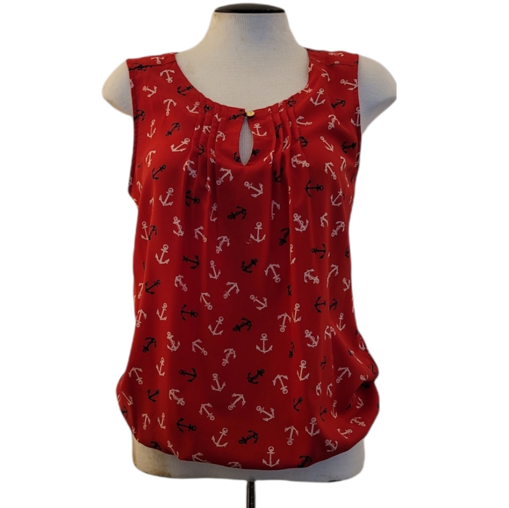 Banana Republic Red Anchor Print Keyhole Front Tank Top Blouse S